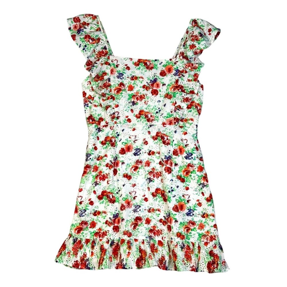 Blue Rain Red Floral Eyelet Embroidered Flower Fields Cotton Sundress Size M
